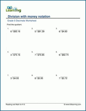 Division With Money Notation Worksheets | K5 Learning