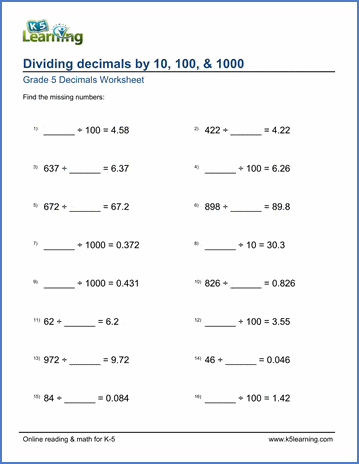 Division Of Decimals Worksheets Grade Pdf