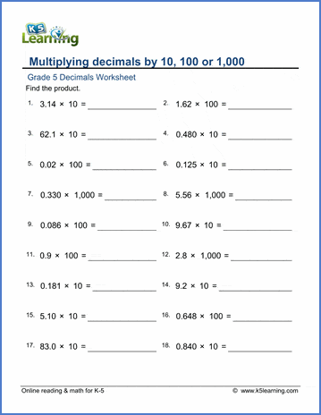 Multiplication Of Decimals Worksheets K5 Learning