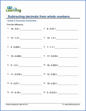 Decimals Addition & Subtraction Worksheets For Grade 5 | K5 Learning