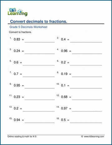 Grade 5 Math Worksheets Convert Decimals To Fractions K5 Learning