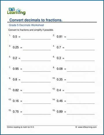 grade 5 math worksheets convert decimals to fractions and simplify