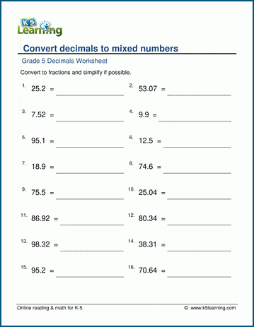 grade 5 fractions worksheets convert decimals to mixed numbers k5 learning