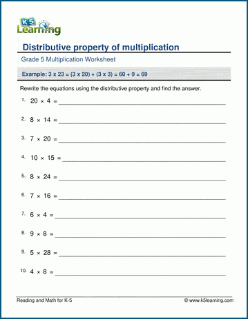 distributive property of multiplication worksheets k5 learning