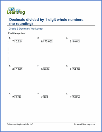 grade 5 math worksheets divide decimals by whole numbers 1 9 k5 learning
