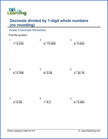 Grade 5 Math Worksheets: Divide decimals by whole numbers (1-9) | K5