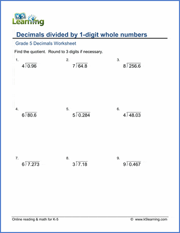 Grade 5 Math Worksheets: Divide Decimals By Whole Numbers (Rounding) | K5 Learning