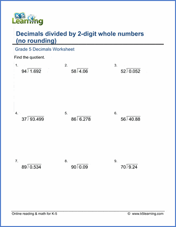 grade 5 math worksheets divide decimals by whole numbers