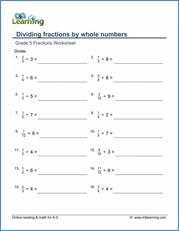 grade 5math worksheets dividing fractions by whole