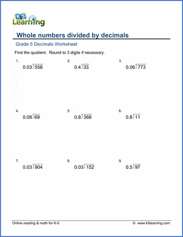 grade 5 math worksheets divide whole numbers by decimals