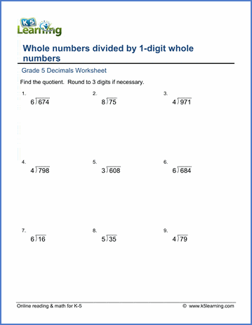 grade 5 decimals worksheets divide whole numbers by whole numbers k5 learning