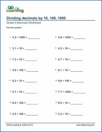 grade 5 math worksheets divide decimals by 10 or 100 or 1 000 k5 learning