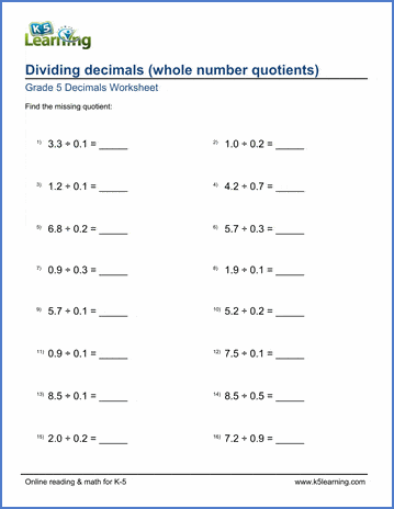 Grade 5 Math Worksheet: Dividing decimals (whole number quotients) | K5