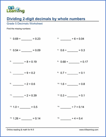 divide 2 digit decimals by whole numbers missing numbers