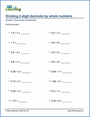 grade 5 math worksheets dividing 2 digit decimals by whole numbers k5 learning