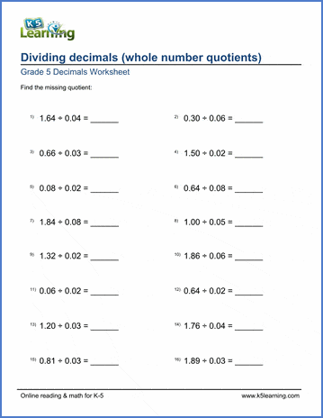 Grade 5 Math Worksheet: Decimal Division (2-Digits) | K5 Learning