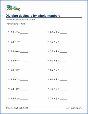 Grade 5 Math Worksheet: Dividing decimals by whole numbers | K5 Learning