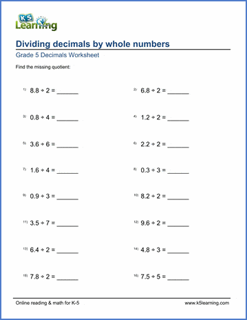 grade 5 math worksheet dividing decimals by whole numbers