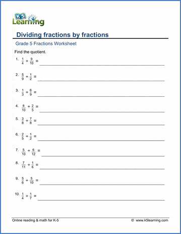 grade 5 math worksheets dividing fractions by fractions k5 learning