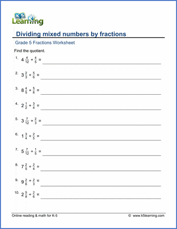 grade 5 math worksheets dividing mixed numbers by fractions k5 learning