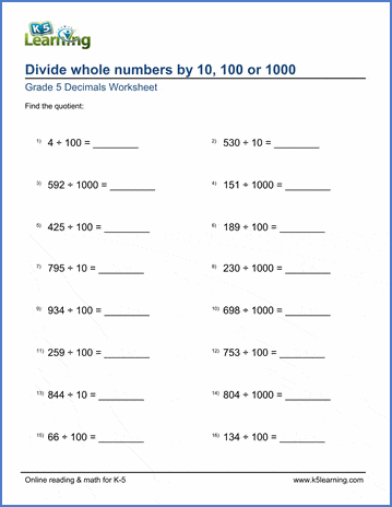 Decimals Worksheet Dividing Whole Numbers By 10 100 Or 1 000 K5 Learning