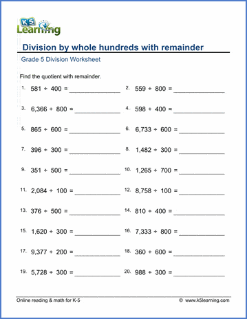 grade 5 math worksheets division by whole hundreds with remainder k5