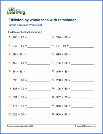 grade 5 math worksheets division by whole tens with