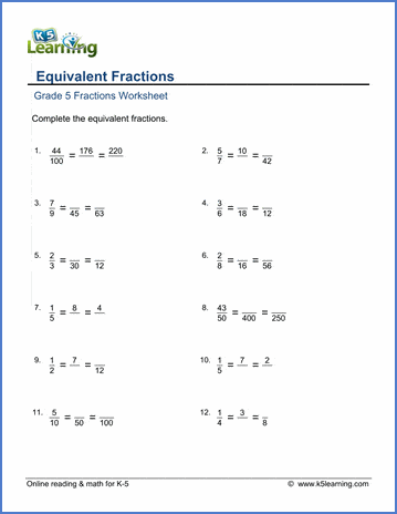 grade 5 math worksheets three equivalent fractions k5 learning