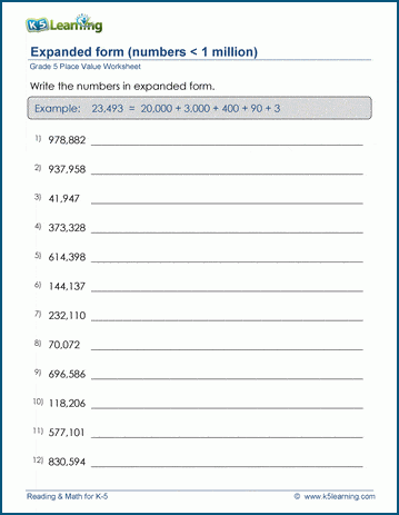 Grade 5 Math Worksheets: Write 5-6 digit numbers in expanded form