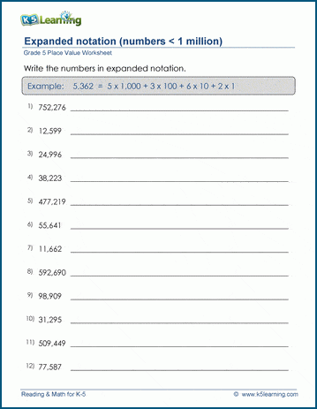 Grade 5 Math Worksheets: Write 5-6 digit numbers using expanded notation