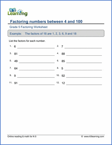 Grade 5 Factoring Worksheet: Factor numbers between 4 and 100 | K5 Learning