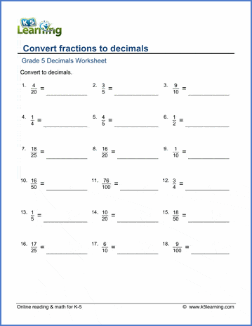 math worksheets grade 5 fractions decimals kindergarten