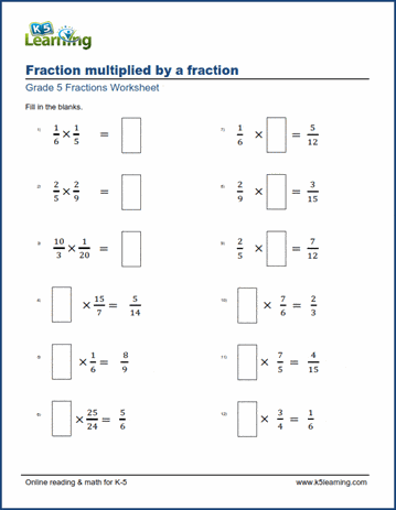 grade 5 math worksheets multiplying fractions missing