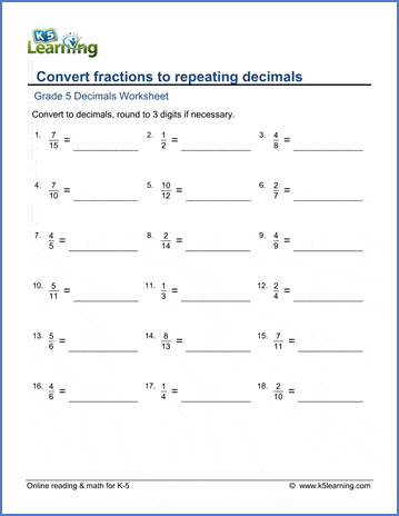 Grade 5 Worksheets Fractions To Decimals With Repeating Decimals K5 Learning