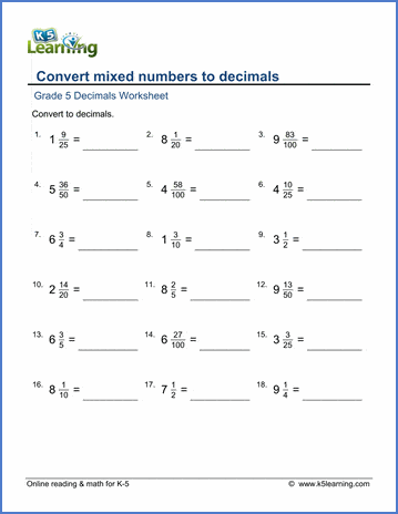 Convert mixed numbers to decimals worksheets