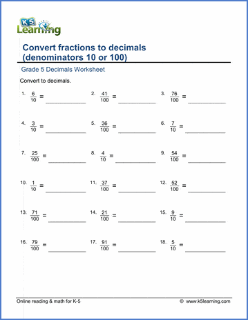 grade 5 math worksheets convert fractions to decimals