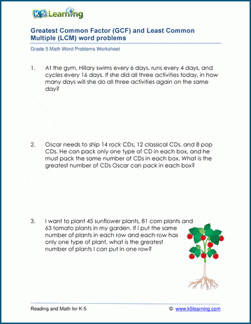 greatest common factor gcf and least common multiple lcm word problems k5 learning