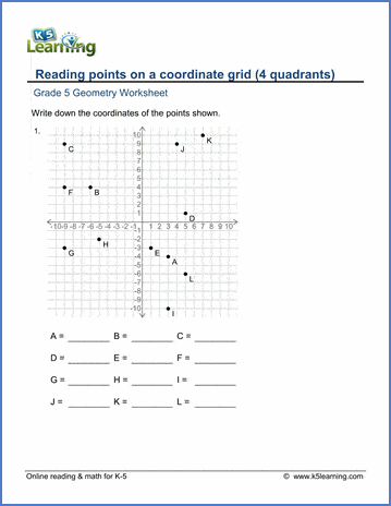 grade 5 geometry worksheets reading points on a coordinate grid k5 learning