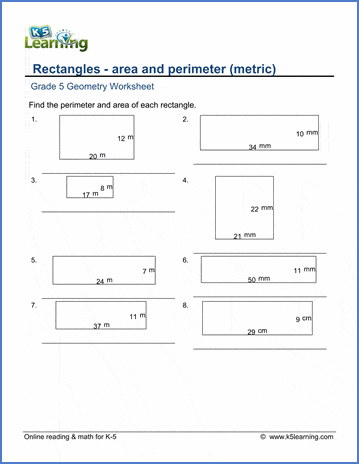 Grade 5 Geometry Worksheet area/perimeter problems for rectangles