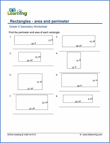 area perimeter of rectangles grade 5 geometry worksheets k5 learning