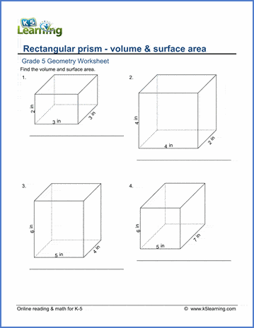 grade 5 math worksheets volume surface area of