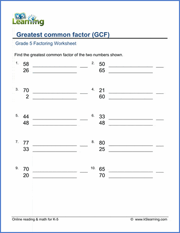 Grade 5 Factoring Worksheets: Greatest Common Factor (GCF) (1-100) | K5 ...