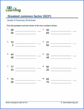 Grade 5 Factoring Worksheets Greatest Common Factor Gcf 1 100 K5 Learning