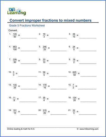 grade 5 math worksheet convert improper fractions to mixed numbers