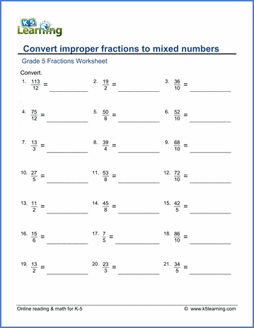 Grade 5 math worksheet - Fractions: convert improper fractions to mixed