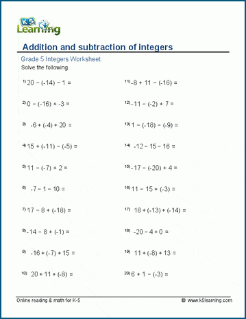 Addition and subtraction of integers worksheets