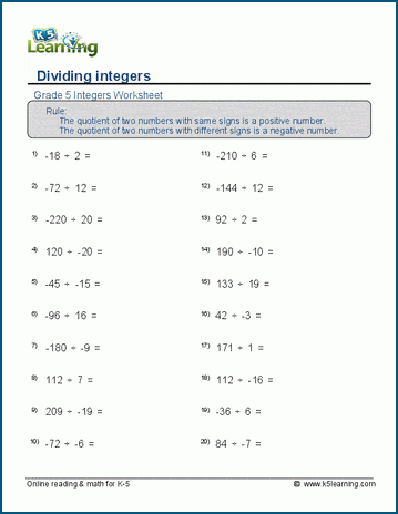 Dividing negative integers worksheets