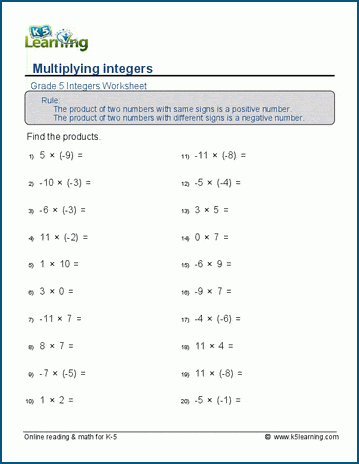 Grade 5 Integers Multiplication 