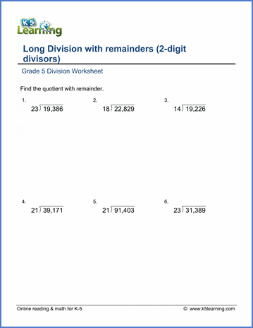 grade 5 long division worksheets 2 digit divisors 10 25 k5 learning