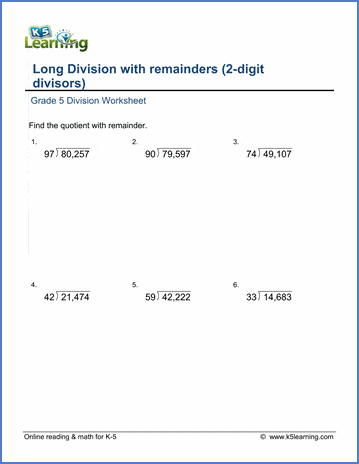 Grade 5 Long Division Worksheets: 2 digit divisors K5 Learning